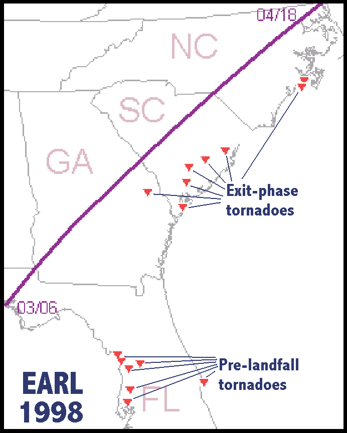 Map of tornadoes spawned by Hurricane Earl