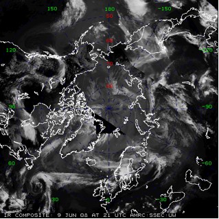 An example of an infrared Arctic satellite composite image from 9 June 2008 at 21 UTC. The image is centered over the North Pole.