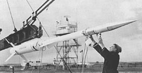 A Nike-Asp undergoes a preflight check at Wallops Flight Facility.