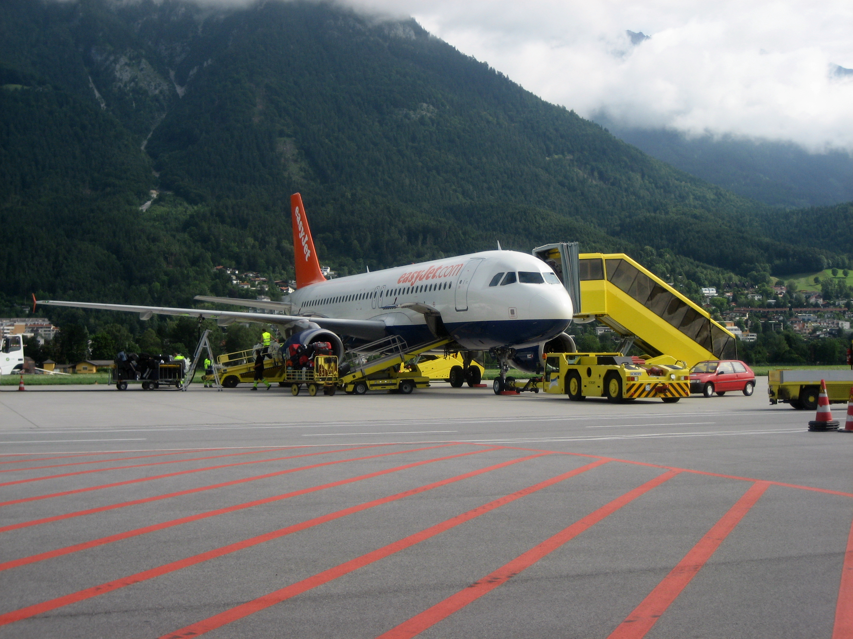 An EasyJet Airbus A320 at Innsbruck Airport, the low cost airline is one of the most poupular carrier for flights to the likes of Spain, Italy and Switzerland
