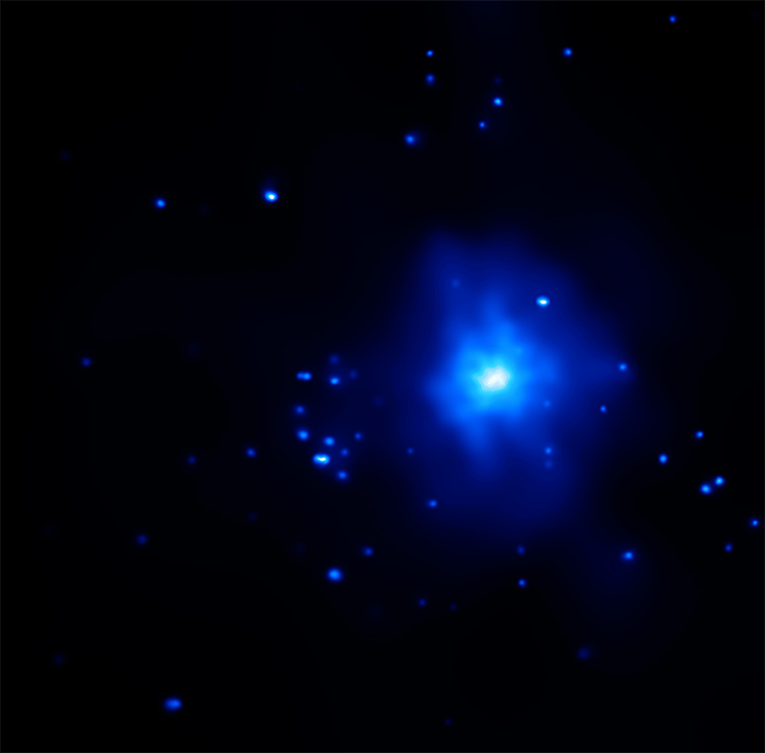 Chandra X-ray Image of the intermediate black hole event, (NGC 1399), without the Hubble Space Telescope overlay. Credit: X-ray: NASA/CXC/UA/J. Irwin et al; Optical: NASA/STScI ---- Chandra X-ray Image of the intermediate black hole event, (NGC 1399), without the Hubble Space Telescope overlay. Credit: X-ray: NASA/CXC/UA/J. Irwin et al; Optical: NASA/STScI ----