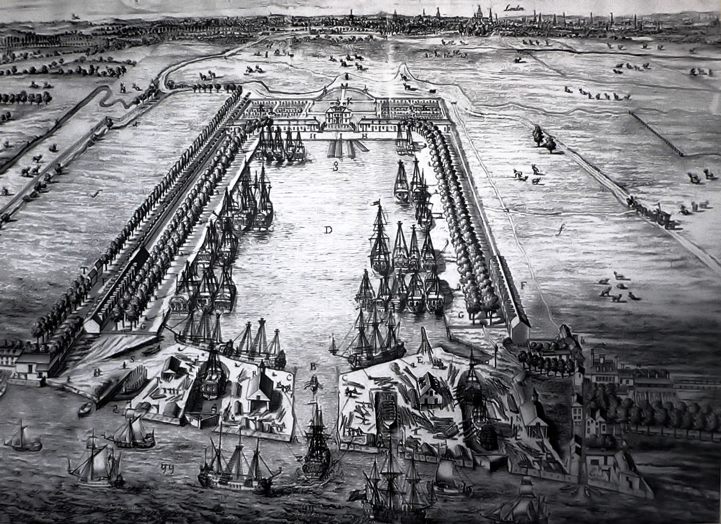 The shipyards can be seen in the foreground of this view of Howland Great Wet Dock in 1717.