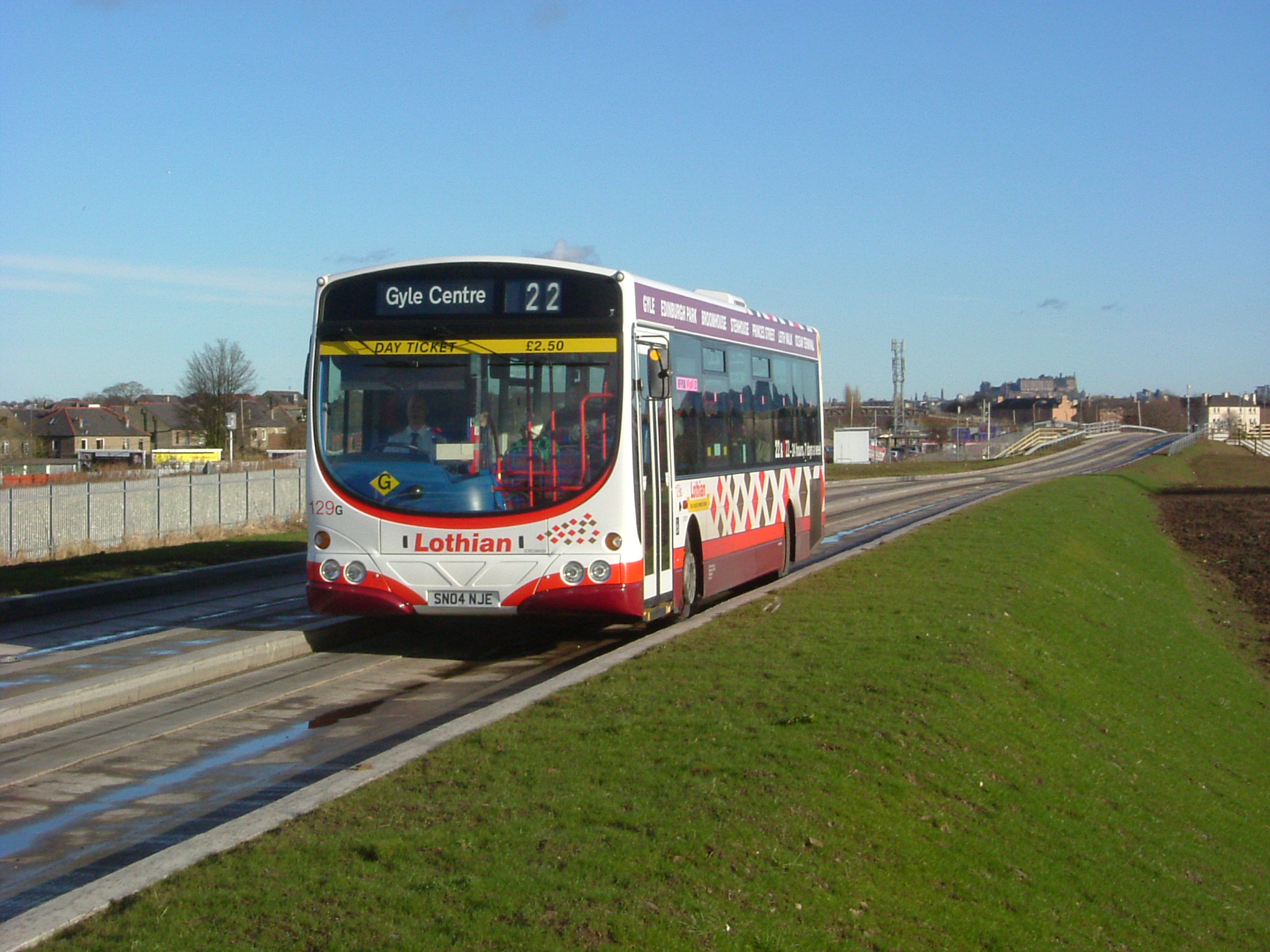 A Volvo B7RLE in route 22 branding on the now-abandoned stretch of guided busway
