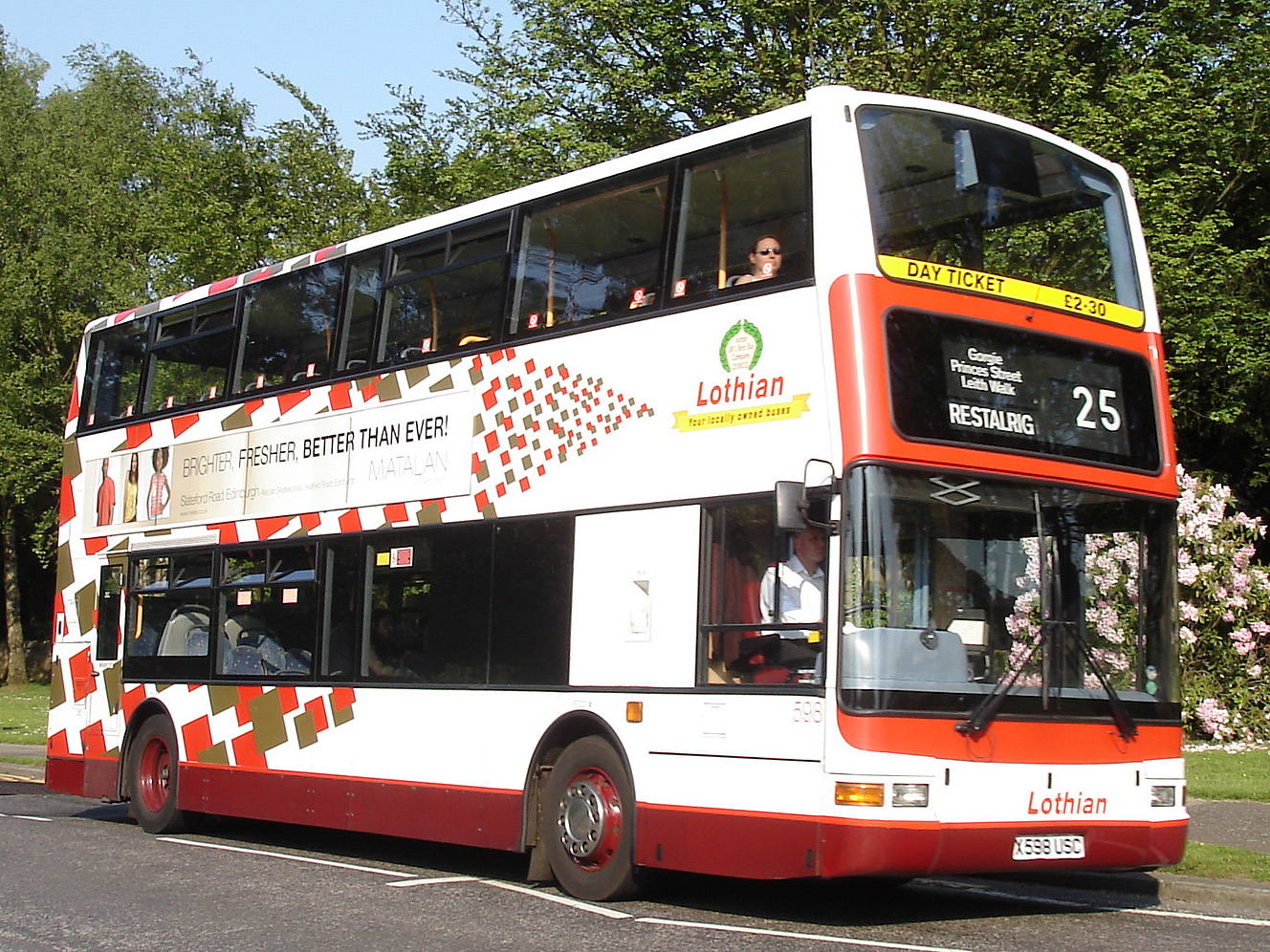 Lothian Buses 598, a Dennis Trident with Plaxton President bodywork, operating route 25