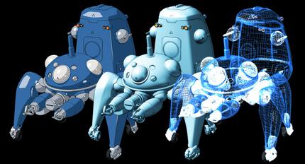 A Tachikoma broken down into it's finished, untextured, and wireframe model.