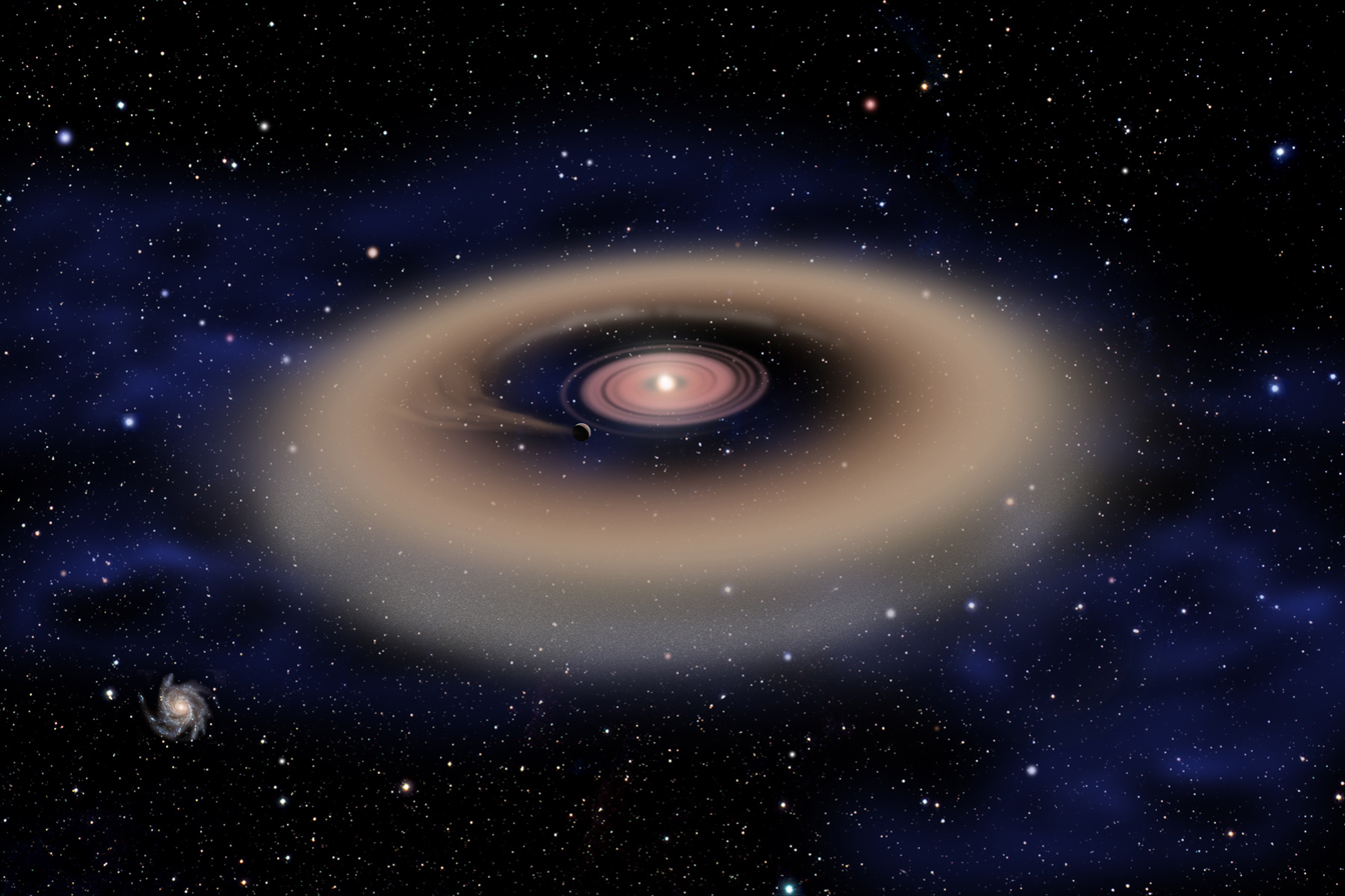 A gas giant forms from instellar gas and dust of a distant proto-star. A gas giant forms from instellar gas and dust of a distant proto-star.