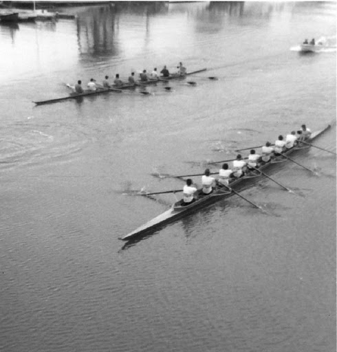 The novice men leading Stanford in a 1971 duel.