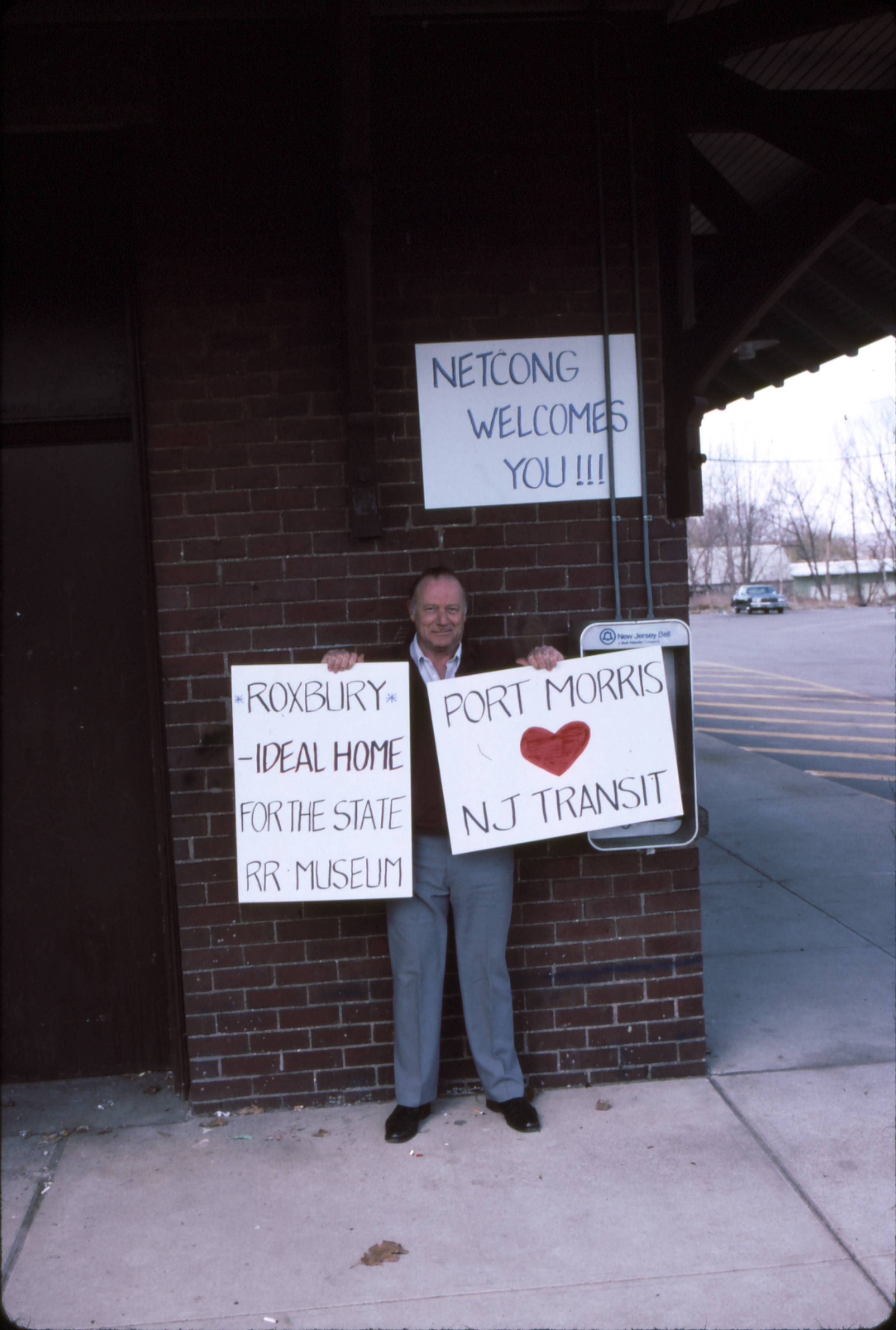 150 px|Frederick Wertz at the Netcong, NJ train station after greeting members of the New Jersey State Railroad & Transportation Museum Commission in May 1988.
