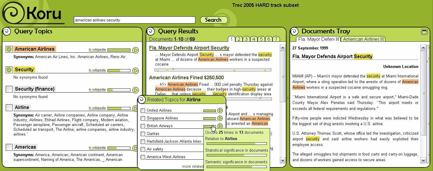 Koru search engine with all three panels visible. Koru search engine with all three panels visible.