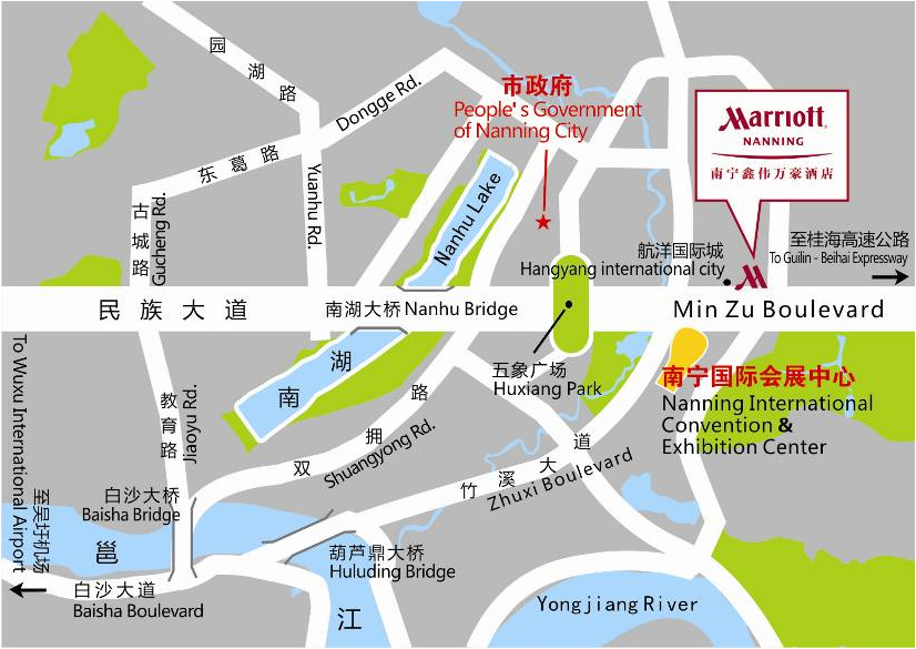 The Nanning Marriott is in the eastern area of the city's CBD, sited diagonally opposite Nanning International Convention & Exhibition Center, which is the permanent venue for the annual China–ASEAN Expo.