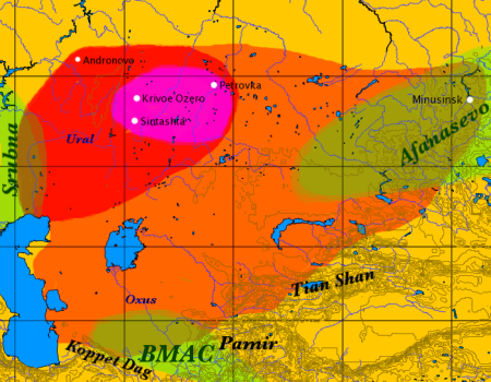 Map of the Sintashta-Petrovka culture (red), its expansion into the Andronovo culture during the 2nd millennium BC, showing the overlap with the BMAC in the south. The location of the earliest chariots is shown in purple.
