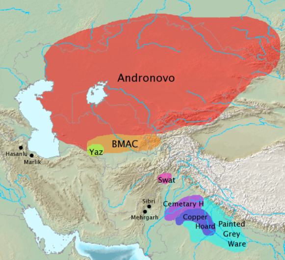 Archaeological cultures associated with Indo-Iranian migrations (after EIEC). The Andronovo, BMAC and Yaz cultures have often been associated with Indo-Iranian migrations. The GGC, Cemetery H, Copper Hoard and PGW cultures are candidates for cultures associated with Indo-Aryan migrations.