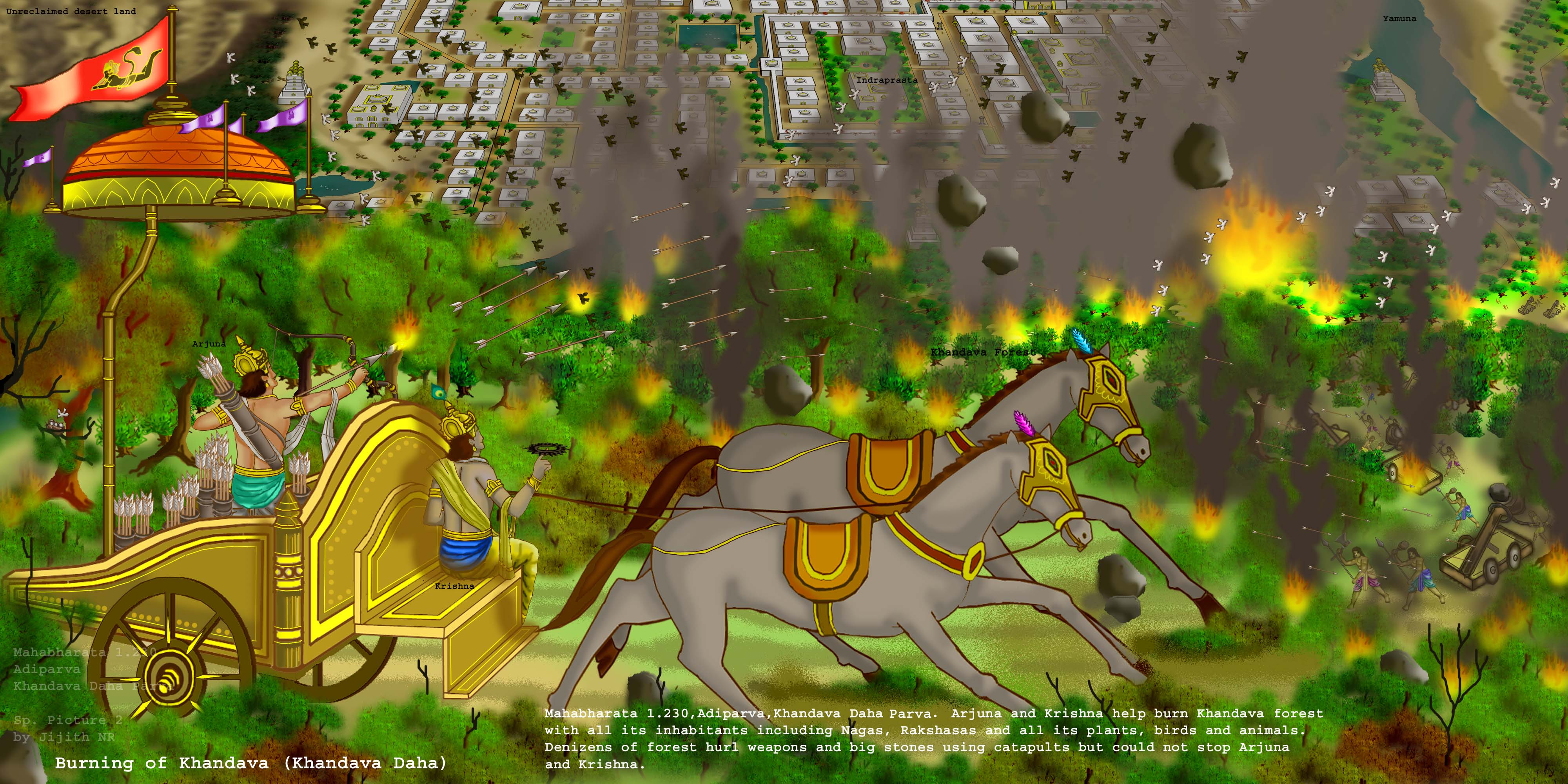 The forest of Khandava near Yamuna, being burnt by Arjuna and Krishna The forest of Khandava near Yamuna, being burnt by Arjuna and Krishna