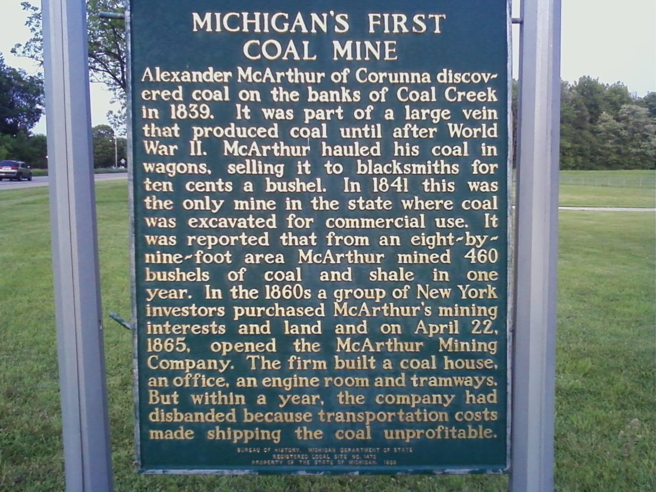 Historical Marker showing location in Corunna of Michigan's first coal mine