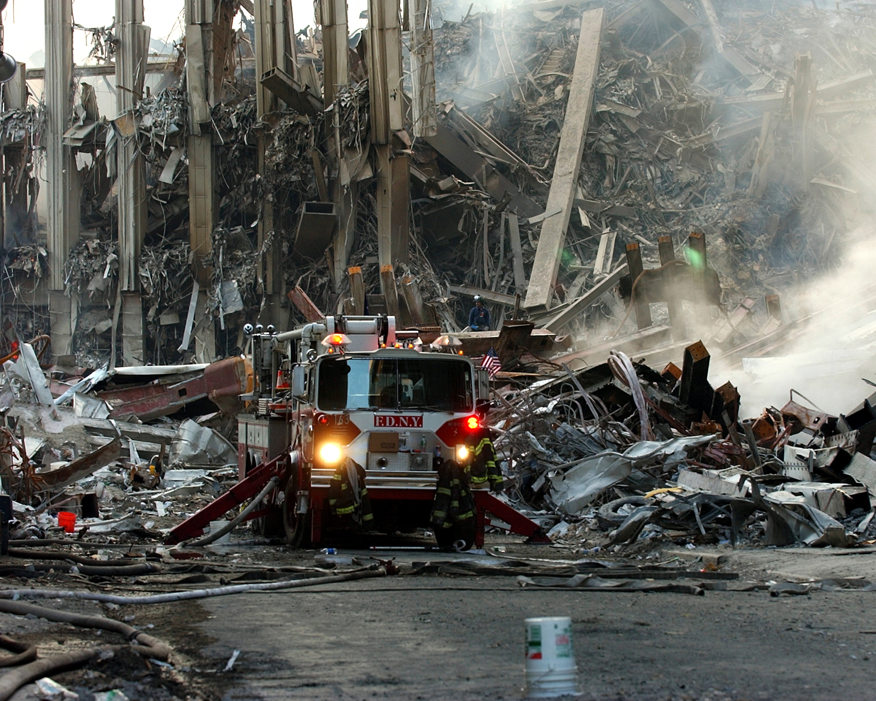 FDNY Truck at the collapsed World Trade Center on September 11, 2001.