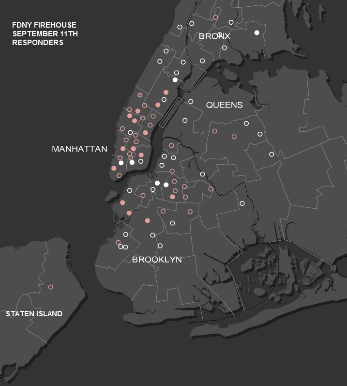 Map of FDNY's first-responding firehouses to the September 11 attacks. Circles show the location of the company responding; solid circles mean multiple companies. Rose-colored circles indicate companies with casualties.