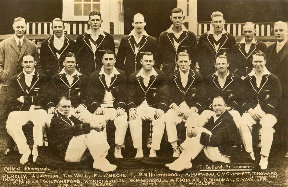 The Australian team which Herbert Sutcliffe faced in 1930. Don Bradman is second right on the middle row but Sutcliffe's main adversary was Clarrie Grimmett, second from right on the back row.