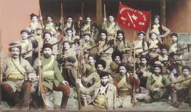 A fedayee group fighting under the ARF banner. The text reads Liberty or Death.