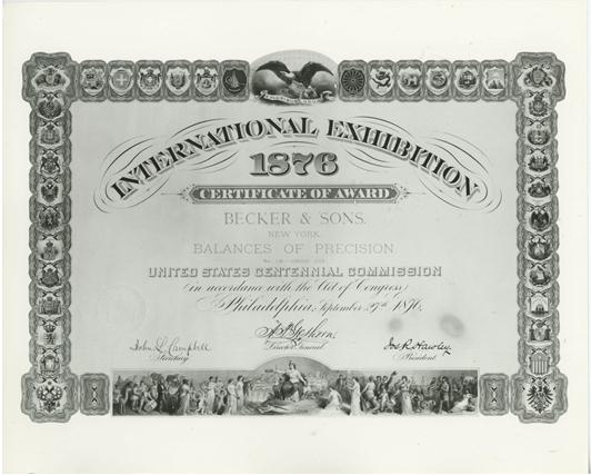 A Certificate of Award to Becker & Sons from the US Centennial Commission