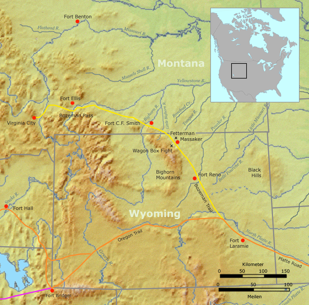 Route of the Bozeman Trail (1863-1868). Red Cloud's warriors strategically attacked supply trains and closed the trail. The Lakota, Northern Cheyenne and Arapaho prepared for battle. Ft. Kearny, Wyoming, was the flash point. 
