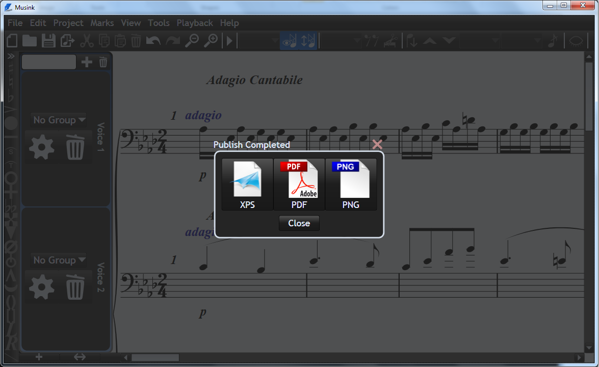 Publishing allows users to export music as a PDF, XPS document, or series of PNG files