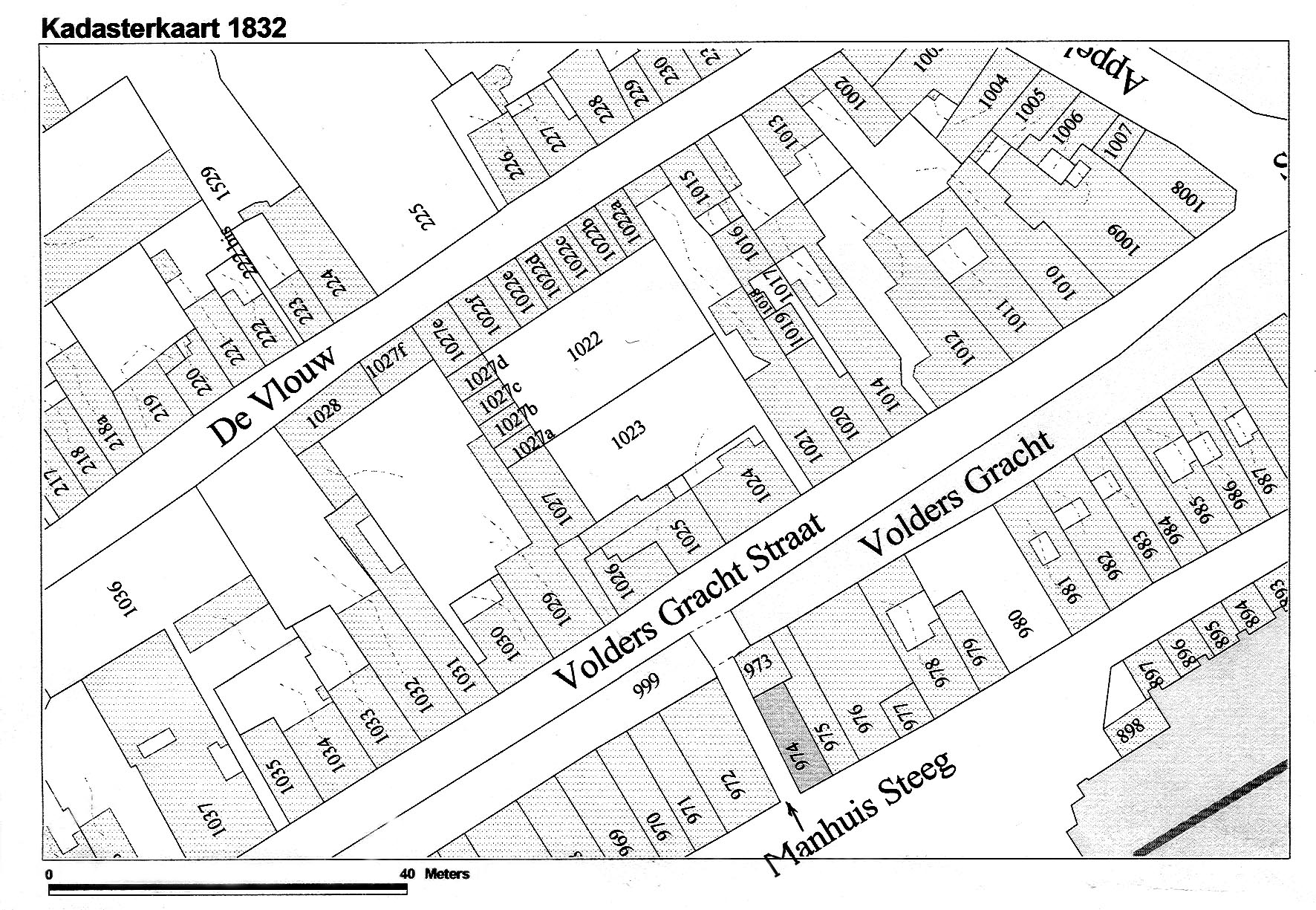 Fig. 1 Cadastral map 1832 of Delft, showing the house â€˜Mechelenâ€™ at the Market place (972) with the Voldersgracht at the rear