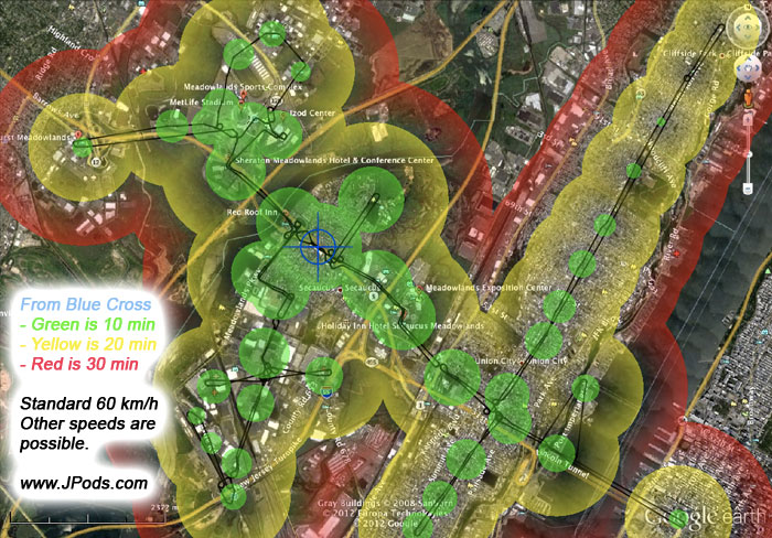 Time map illustrating walking, ticketing, and travel time from the Blue Cross. Green is 10 minutes, Yellow is 20 minutes, and Red is 30 minutes. Time map illustrating walking, ticketing, and travel time from the Blue Cross. Green is 10 minutes, Yellow is 20 minutes, and Red is 30 minutes.