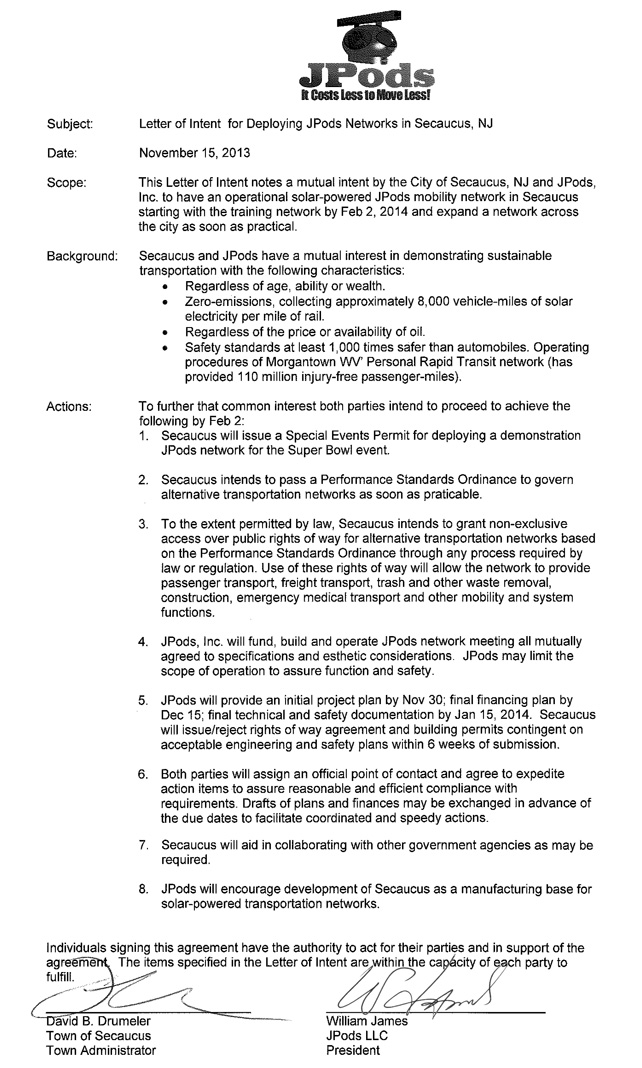 Letter of Intent between JPods, Inc and the Town of Secaucus, NJ to build a JPods Network.