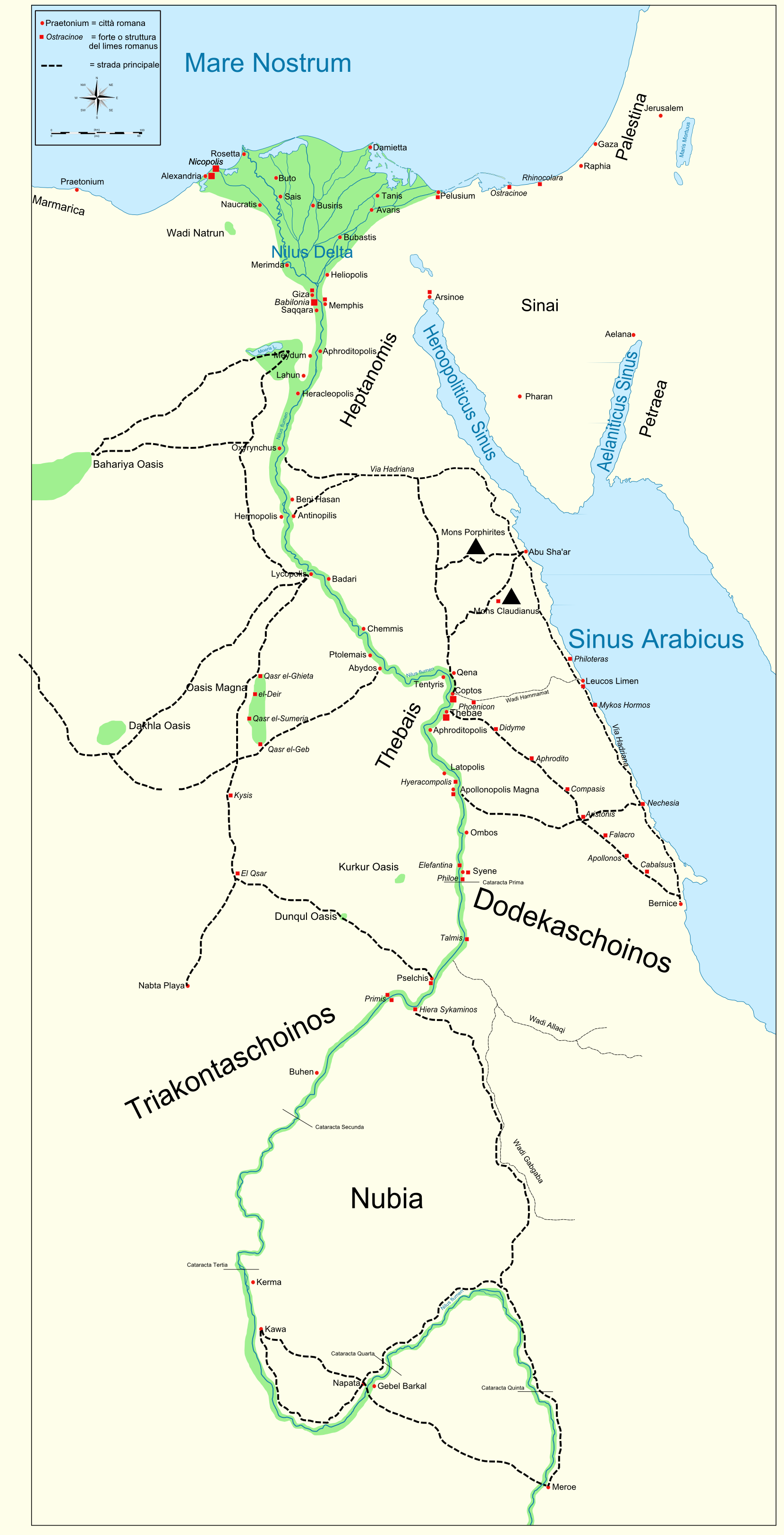 Map showing the areas of Egypt and Sudan (like Napata and Nubia) in Roman times