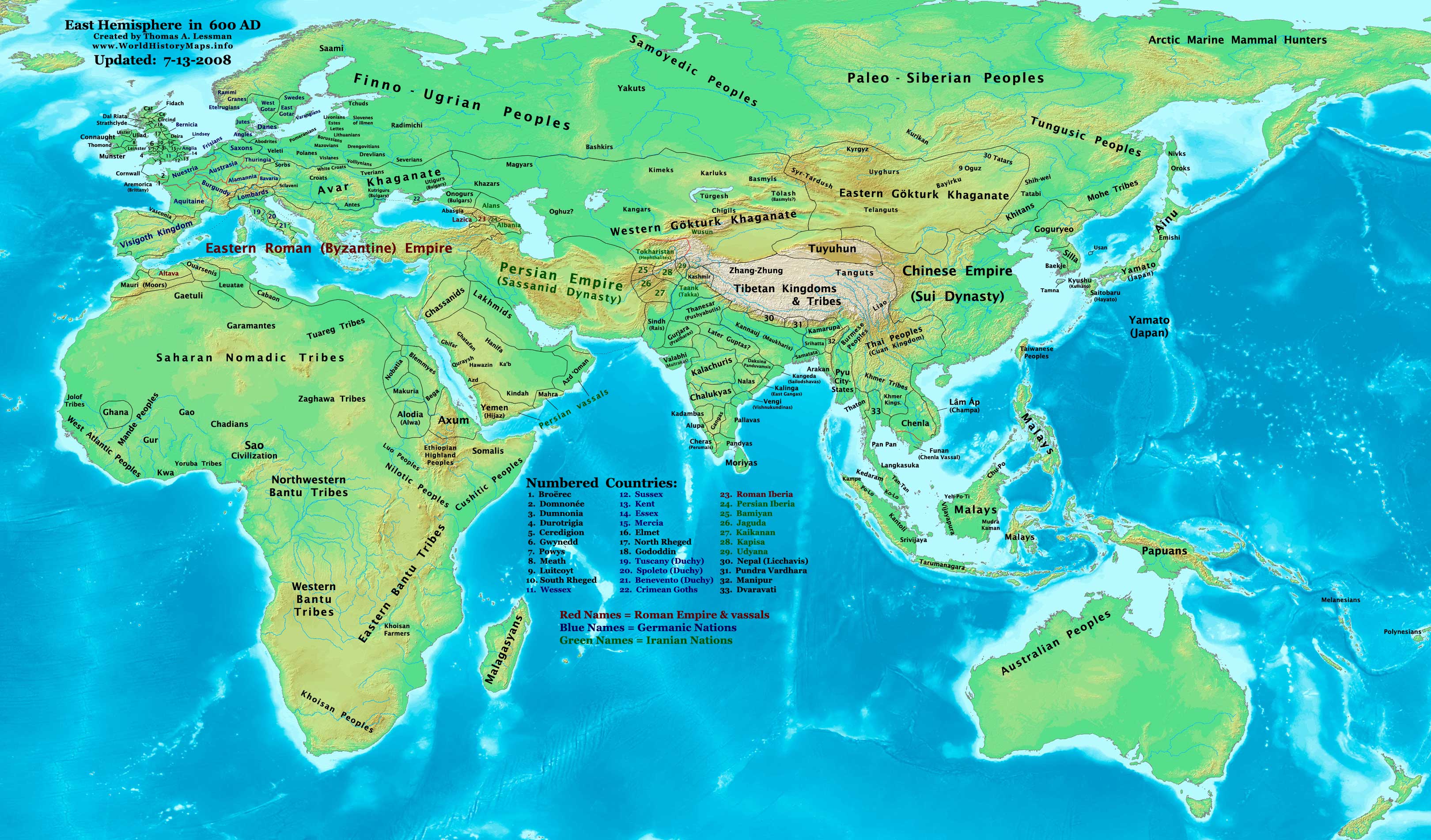 Eastern Hemisphere in AD 600, showing the "Kingdom of Altava", substituting or renaming the "Regnum Maurorum et Romanorum" (enlarge African section of the map)