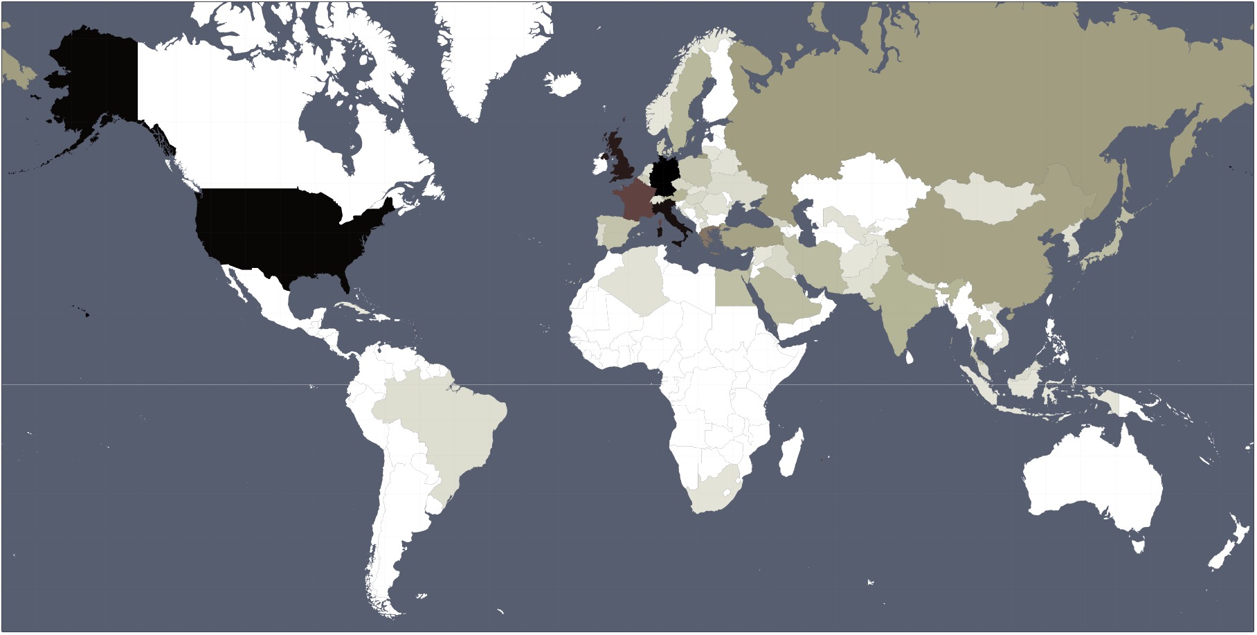  Fig1. World map of top 100 historical figures of 24 Wikipedia editions from PageRank for the period from BC 15th century to AD 20th century (darkness is proportional to a number of appearances of top persons born in a given country of AD 21st century geographical borders). After.