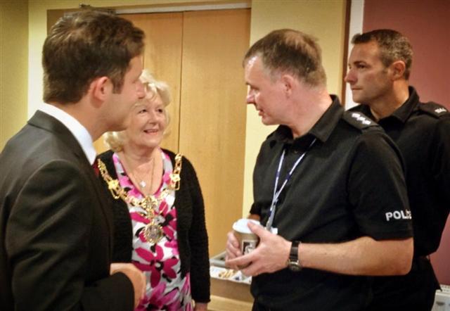 Kevin Nicholson speaks to Darlington Mayoress Carole Johnson and Chief Inspector Mick Button at the official opening of Firthmoor Community Centre Cafe