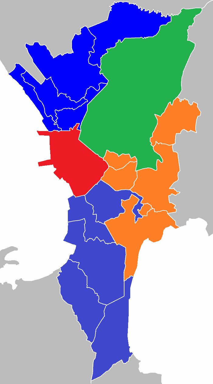 AOR of the various Fire Districts of BFP-NCR: (Red) - Manila Fire District, (Blue) - Fire District II, (Purple) - Fire District III, (Orange) - Fire District IV, (Green) - Quezon City Fire District.