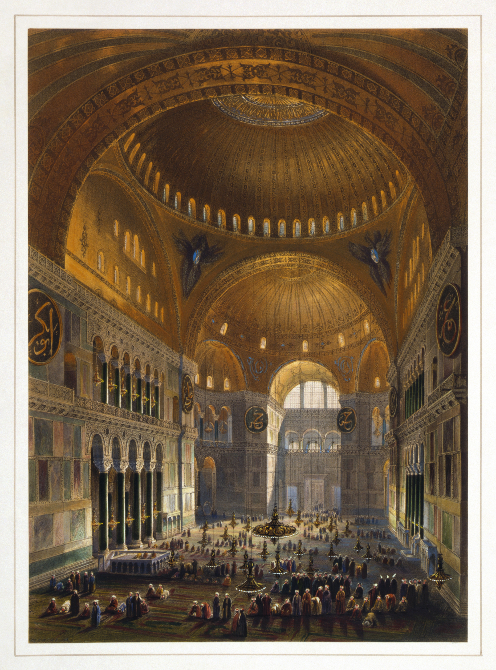Hagia Sophia during its time as a mosque. Illustration by Gaspare Fossati and Louis Haghe from 1852.
