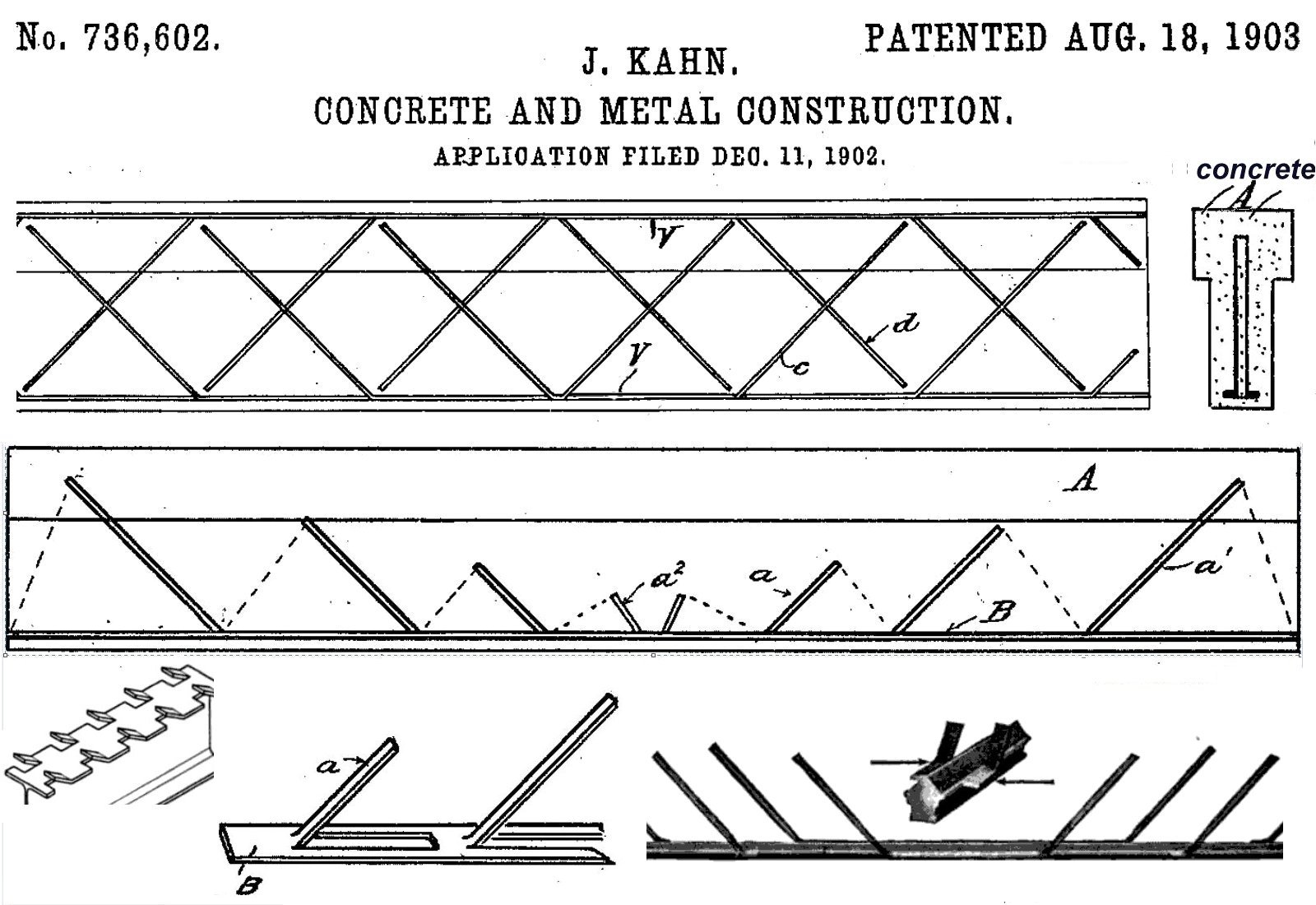 Kahn System of reinforced concrete, patent no. 736,602 dated August 18, 1903