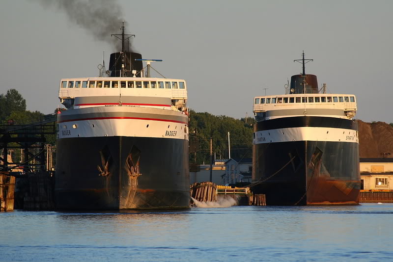 SS Badger and SS Spartan carferries at municipal marina near the Waterfront Park at downtown Ludington, Michigan