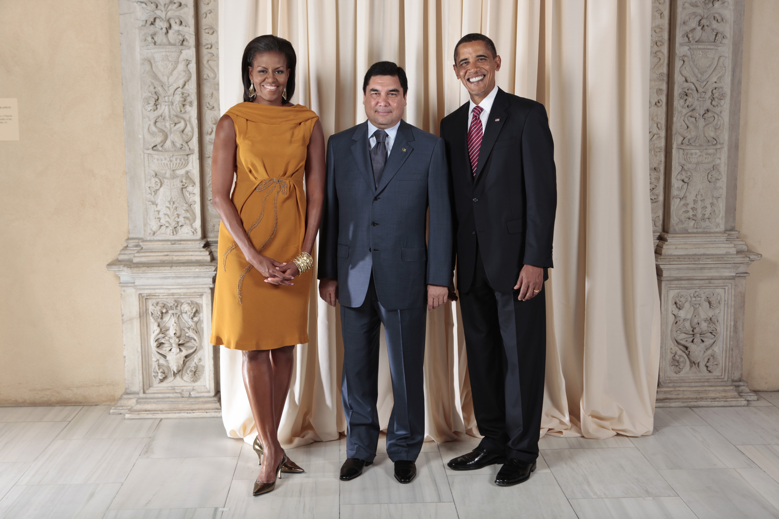Current president Barack Obama and First Lady with Gurbanguly Berdimuhamedow of Turkmenistan, September 2009, one of the most repressive regimes in the world, supported with millions of dollars in military aid.