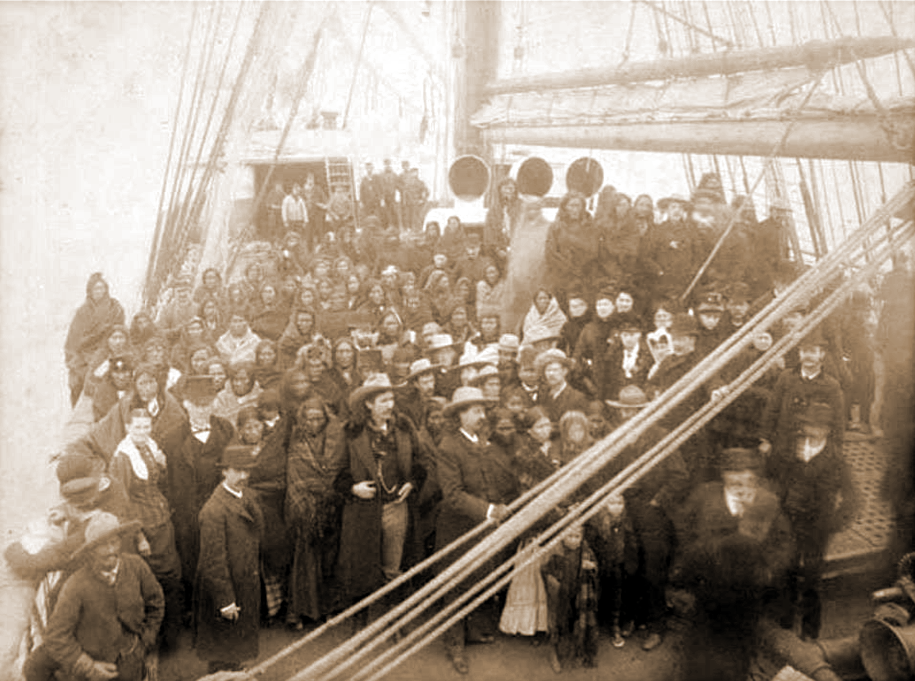  On March 31, 1887, Blue Horse, American Horse and Red Shirt and their families boarded the S.S. State of Nebraska in New York City, and began a new journey for the Lakota people when they crossed the sea to England with Buffalo Bill to perform at the Golden Jubilee of Queen Victoria.