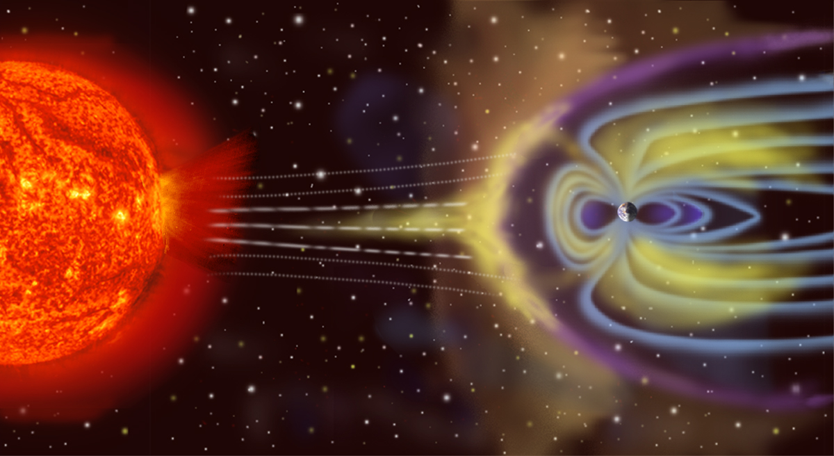 Artist's rendition of geomagnetic storm. Sizes are not to scale. Artist's rendition of geomagnetic storm. Sizes are not to scale.