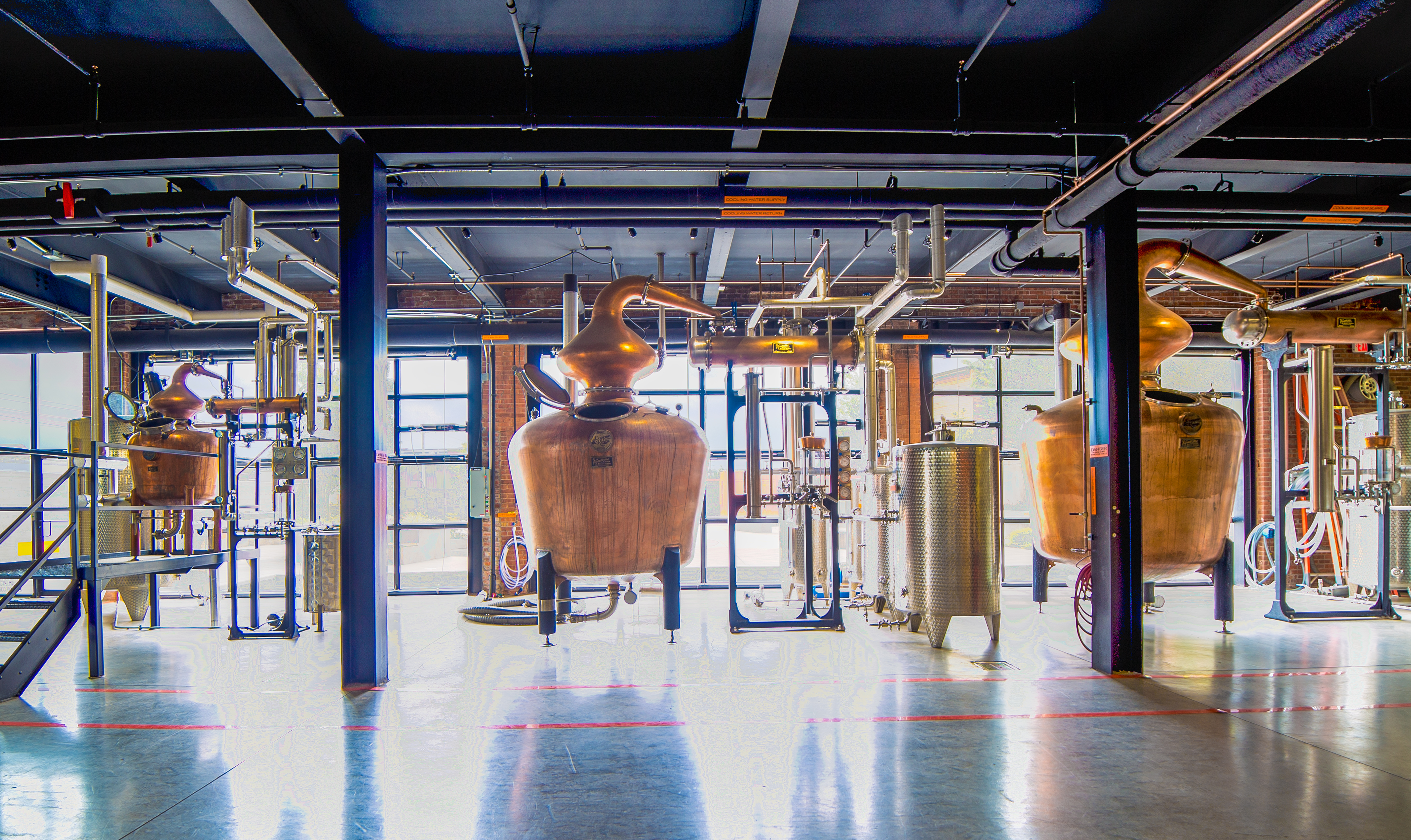 Copper Pot Stills at Copper & Kings Brandy Distillery. From left to right: Sarah (50 gal.), Magdalena (750 gal.) and Isis (1000 gal.)