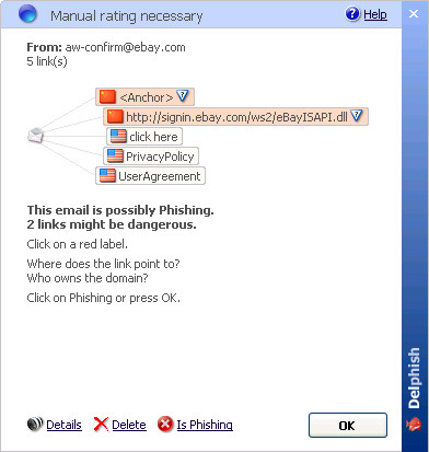 The screen shown when Delphish suspects phishing.
