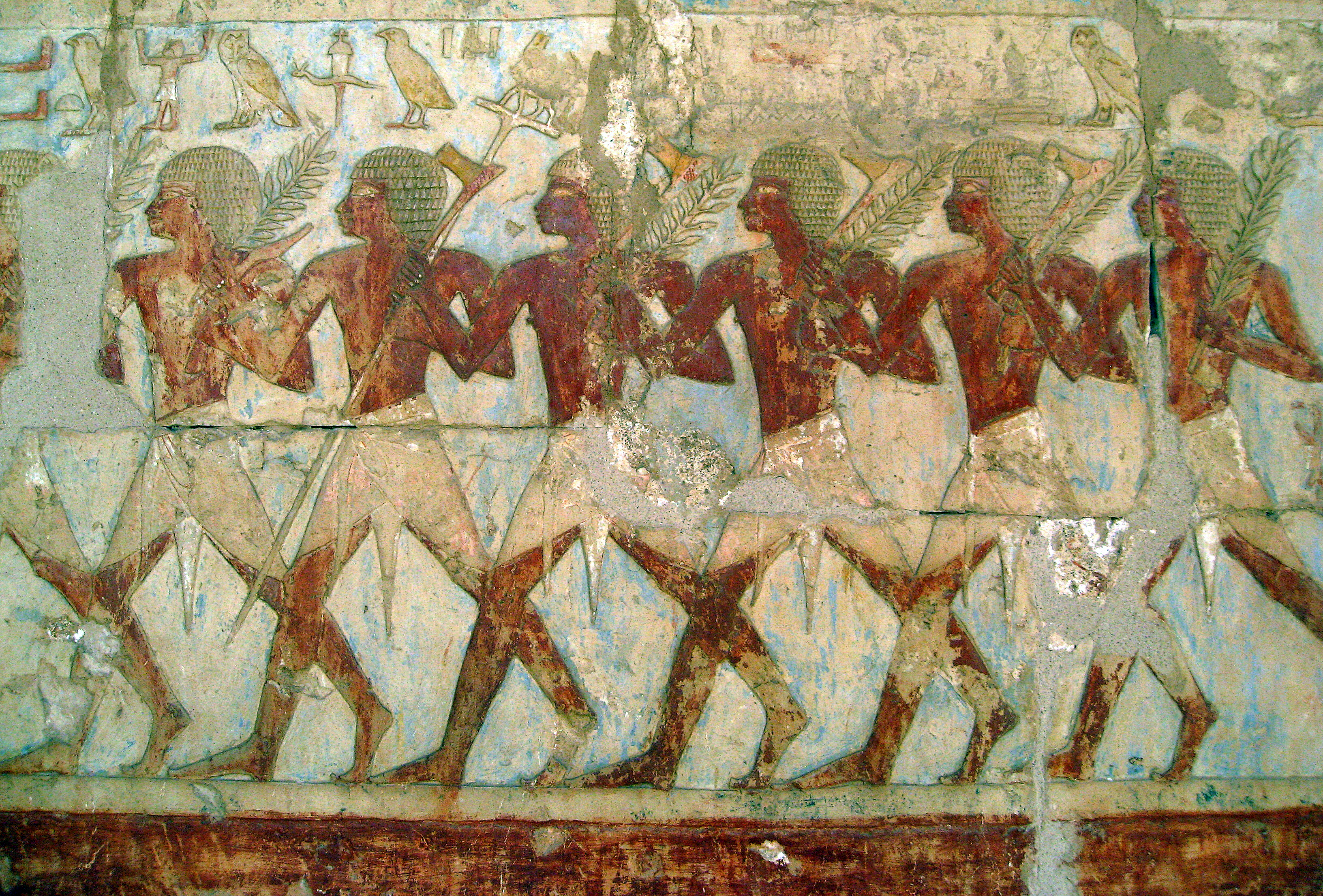 Egyptian soldiers from Queen Hatshepsut's Year 9 expedition to the Land of Punt, as depicted on her temple at Deir el-Bahri.