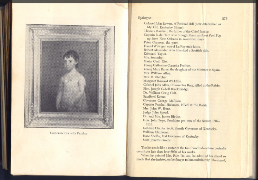 Portrait of young Catherine Cornelia Prather by Matthew Jouett in an old book with partial list of other portraits by Jouett. Portrait of young Catherine Cornelia Prather by Matthew Jouett in an old book with partial list of other portraits by Jouett.