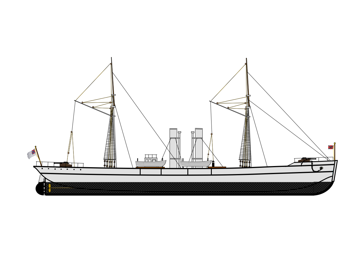 Launched and christened as Atalanta, CSS Tallahassee was built in 1863 by J. & W. Dudgeon of Cubitt Town, London at their yards on the Thames River for the London, Chatham & Dover Railway Company, to the design of Captain T. E. Symonds of the Royal Navy. Atalanta was a "modern" vessel; she was iron-hulled, and propelled by twin screws that were driven by two 2-cylinder steam engines rated at 1220 indicated horsepower that allowed her to reach 17 knots. She displaced 700 tons; her length and beam were 220 feet and 24 feet, respectively; she drew 14 feet of water. Atalanta was built for blockade running; from April through July 1864, she made four successful runs bringing Confederate war supplies from Bermuda into Wilmington, North Carolina. Confederate Secretary of the Navy Stephen Mallory purchased Atalanta on July 20th, 1864 for $125,000, and ordered her conversion to serve as a commerce raider. Her conversion included the installation of three guns, a rifled 32-pounder forward, a rifled-100 pounder amidships, and finally, a heavy Parrott aft. Commissioned as CSS Tallahassee, she was placed under Commander John Taylor Wood, CSN. Wood was a grandson of President Zachary Taylor and a nephew of Jefferson Davis. The 120 officers and crew were all volunteers from the Confederate gunboats on the James River and North Carolina waters. (Image credit: Joshua Beschutzer & M. "J" Sterman)