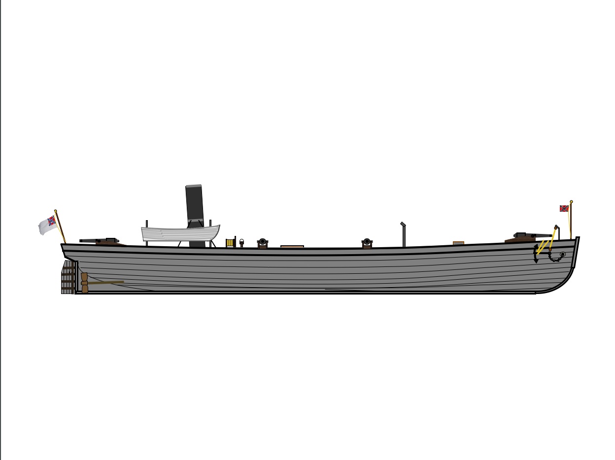 CSS Macon was a twin-screw steam gunboat constructed under contract by H. F. Willink for the Confederacy at Savannah, Georgia. Her keel was laid in April 1862, and she was launched July 28, 1863 as CSS Ogeechee. She was commissioned on June 17, 1864 as CSS Macon. She was 150 feet long, with a beam of 25 feet. She drew 8 feet of water, and could make 10 knots. Her armament consisted of two 6.4-inch Brooke rifles pivot-mounted fore and aft, and four 32-inch smoothbore cannon mounted two on each broadside. Her naval compliment totaled 17 officers and 83 sailors. She was very similar to CSS Chattahoochee; the main differences being the absence of masts, and the reduced height of her gunwales, allowing for easier training of her guns and reducing the amount of splintering caused by hits. (Image credit: Joshua Beschutzer & M. "J" Sterman)