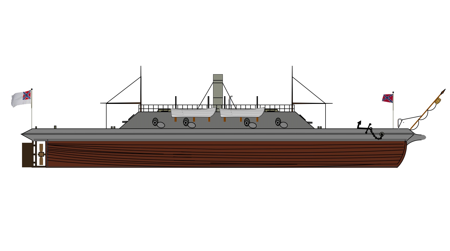 CSS Charleston was iron-clad steam sloop constructed under a contract authorized in the fall of 1862. Her keel was laid down in December 1862 at Charleston, South Carolina. She commissioned in September 1863, and commanded by Commander Isaac N. Brown. Charleston's length was 200', her beam was 45', she drew 14', and displaced an estimated 1,050 tons. Her armament consisted of two 9" Dahlgren smoothbore guns fore and aft, and four 32-pounder rifled cannon pivot mounted in broadside. Her complement was 120 officers and crew. She was the flagship for the Charleston Squadron, and served alongside CSS Chicora and CSS Palmetto State. Charleston was larger and stronger than her sisters, but was underpowered; her maxim speed was 5-6 knots. She was intentionally fired and abandoned along with her sister ships in Charleston harbor on February 18th, 1865 to prevent capture as the city was evacuated by the Confederates. (Image credit: Joshua Beschutzer & M. "J" Sterman)
