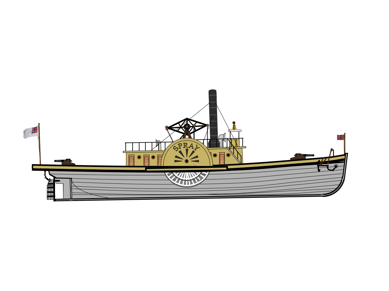 CSS Spray was a new, steam-powered, side-paddle wheel tugboat built in New Albany, Indiana originally fitted out as a mercantile ship. She displaced 118 tons; her engine was rated at 70-horsepower. In 1850, Daniel Ladd, a Newport, Florida cotton and general mercantile businessman, purchased the Spray for $15,000. Spray handled most of the freight which had to be lightered between the river ports and Spanish Hole. With ships at the port averaging about 120 annually in the early 1850s and increasing steadily in number throughout the decade, the lightering business was a lucrative one. There was enough traffic to keep five pilots busy after 1846. Taken into Confederate service as a gunboat, CSS Spray was armed with two light guns; her complement was 25 officers and enlisted. CSS Spray operated in the vicinity of the naval station at St. Marks during 1863-1865, and was the object of much attention by the Federal forces in that vicinity. ''(Image credit: Joshua Beschutzer & M. "J" Sterman)"