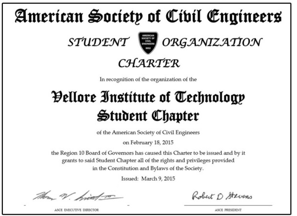 Authentic Certification of "ASCE-VIT STUDENT CHAPTER" by American Society of Civil Engineers, Reston, Virginia Authentic Certification of "ASCE-VIT STUDENT CHAPTER" by American Society of Civil Engineers, Reston, Virginia