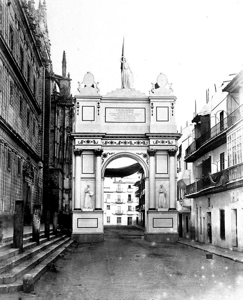 Triumphal arch for the arrival to Seville of Queen Isabel II located in the Steps of the Cathedral.