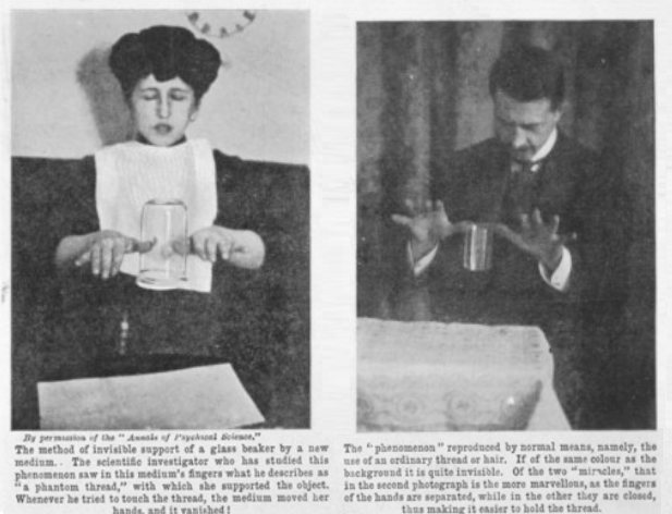 Marriott reveals the trick of the medium Stanisława Tomczyk's levitation of a glass tumbler. Pearson's Magazine, June 1910